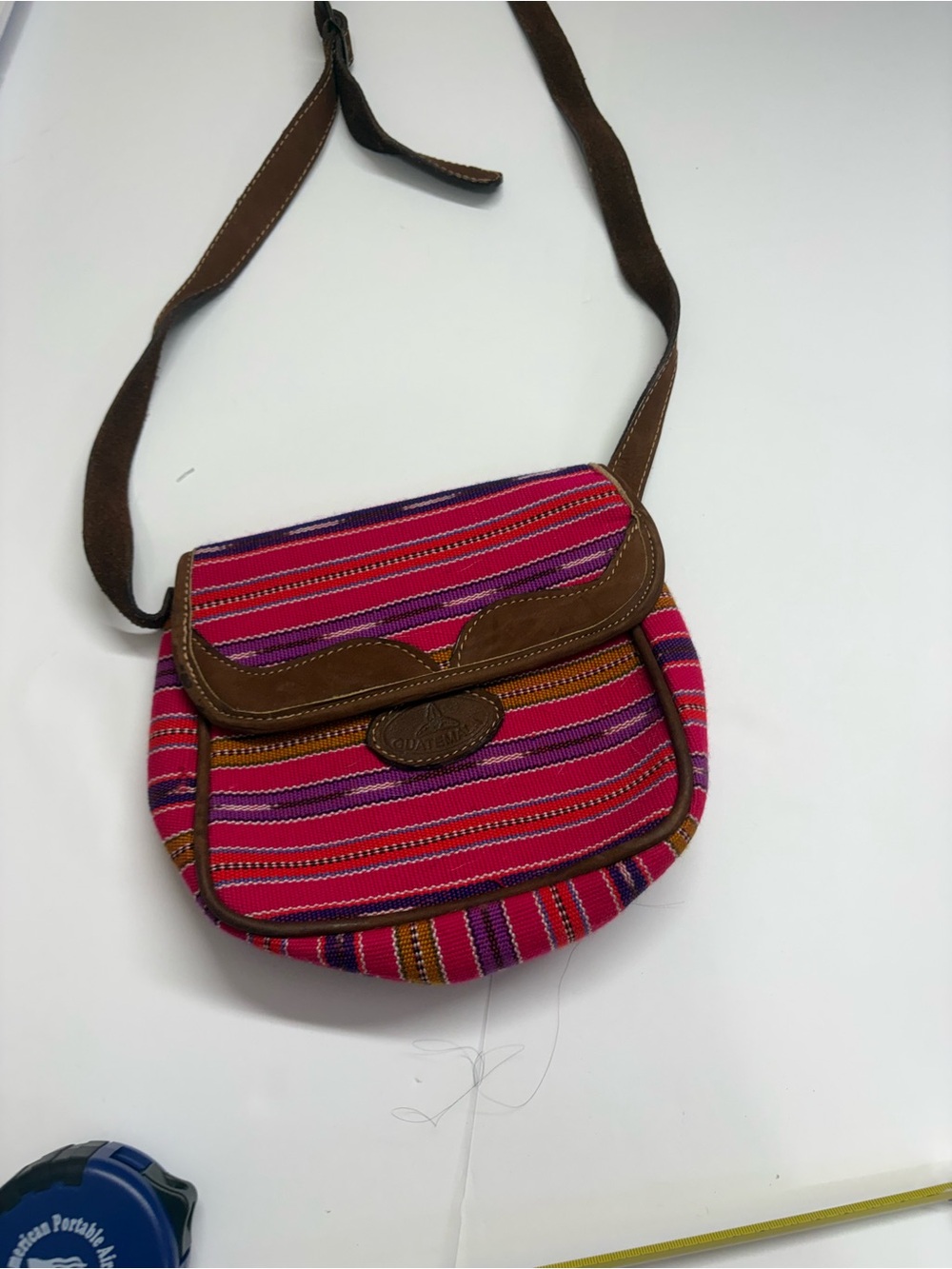 Striped Pink Crossbody Shoulder Bag with Brown Trim